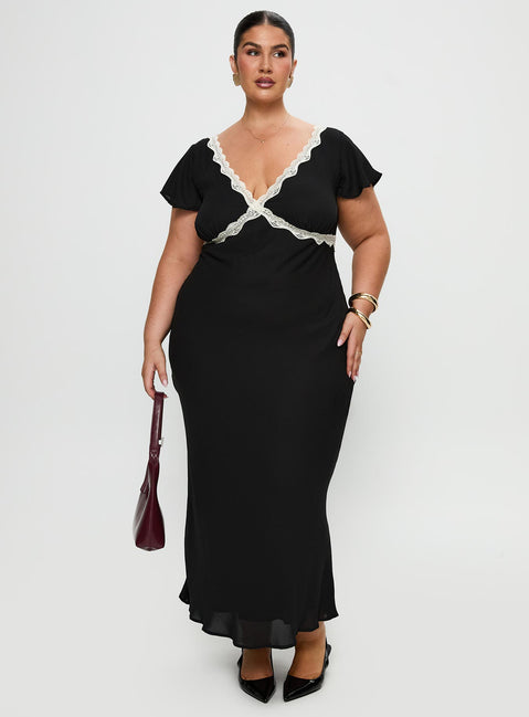 front view of model wearing Princess Polly Barbarita Lace Maxi Dress Black Curve Plunger 