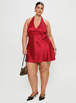 back view of model wearing Princess Polly Pelagia Halter Scarf Tie Mini Dress Red Curve Plunger 