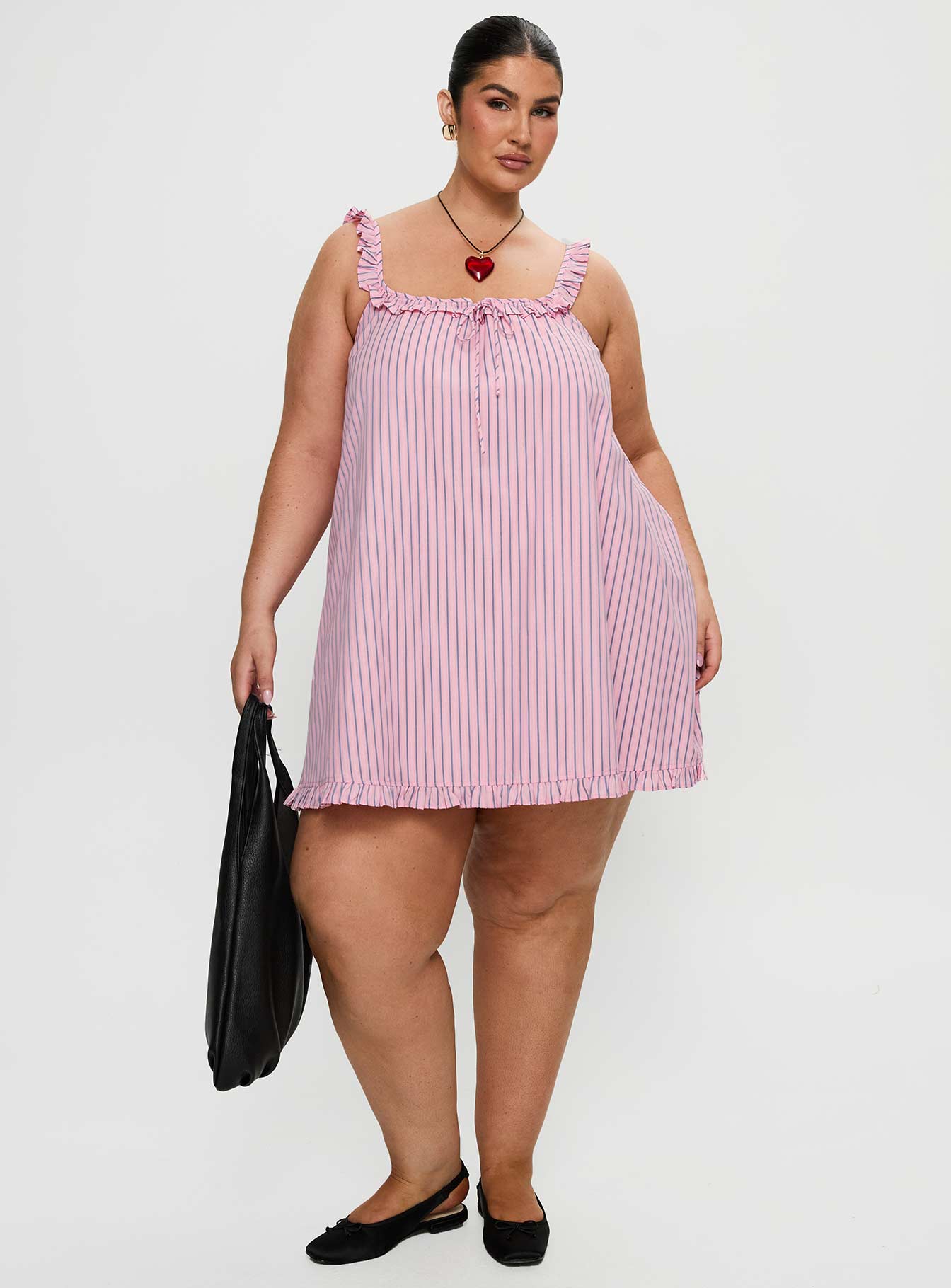 front view of model wearing Princess Polly Zalina Babydoll Mini Dress Pink Stripe Curve Square Neck 