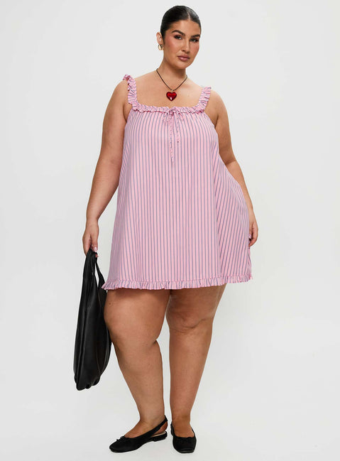 front view of model wearing Princess Polly Zalina Babydoll Mini Dress Pink Stripe Curve Square Neck 