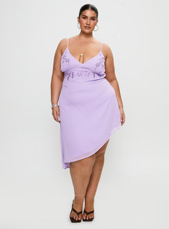 side view of model wearing Princess Polly Secret Gardens Asymmetrical Midi Dress Purple Curve Plunger 
