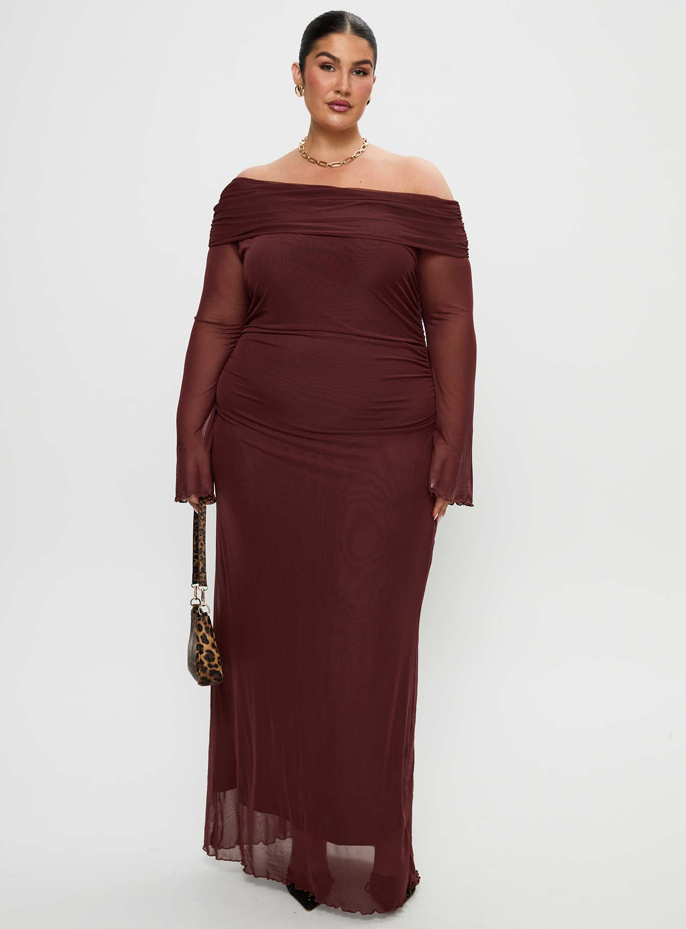front view of model wearing Princess Polly Consideration Maxi Dress Chocolate Curve Straight Neck 