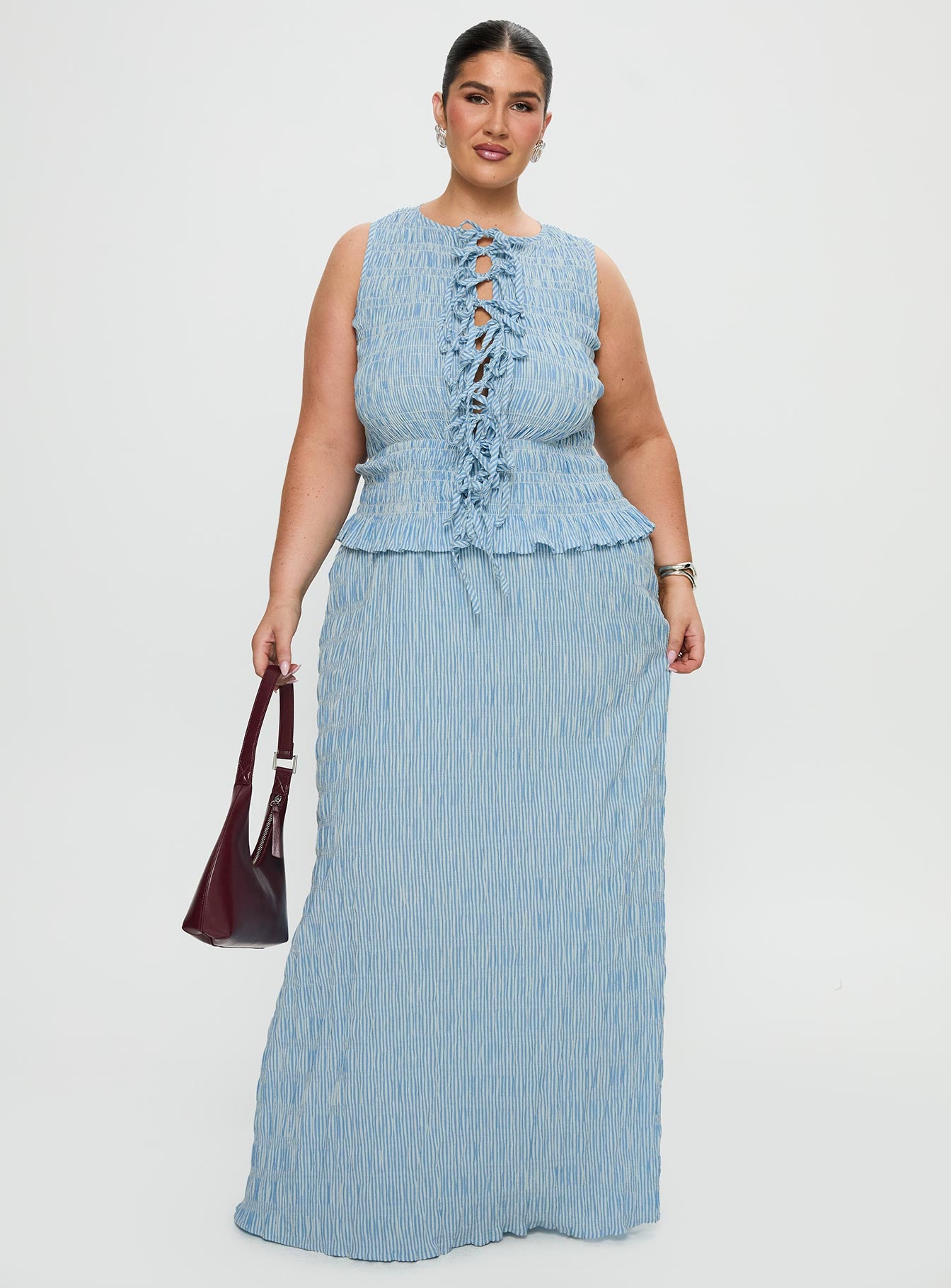 side view of model wearing Princess Polly Songbird Shirred Maxi Dress Blue Curve Crew Neck 
