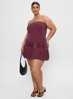 back view of model wearing Princess Polly Love Lingers Strapless Mini Dress Burgundy Curve Straight Neck 