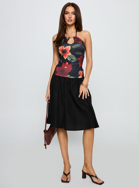 side view of model wearing Princess Polly Inside Jokes Top Floral Multi Sleeveless Crew Neck 