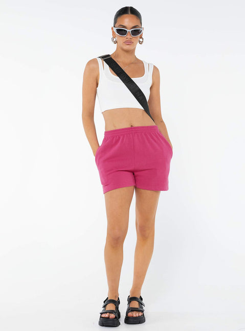 front view of model wearing Princess Polly Cenzo Track Shorts Pink High Waisted Shorts 