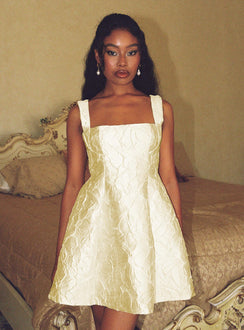 front view of model wearing Princess Polly Eloquent Mini Dress Light Yellow Square Neck 