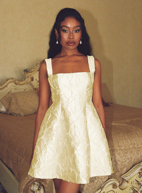 front view of model wearing Princess Polly Eloquent Mini Dress Light Yellow Square Neck 