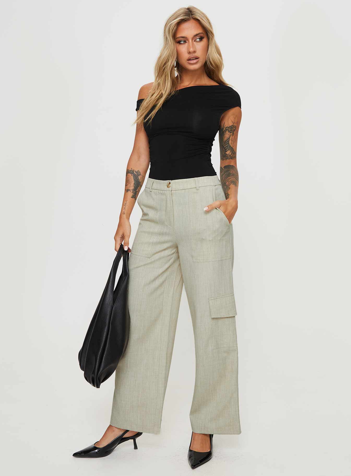 front view of model wearing Princess Polly Stacks Cargo Pant Beige Mid Rise 