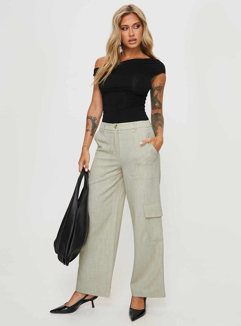 front view of model wearing Princess Polly Stacks Cargo Pant Beige Mid Rise 