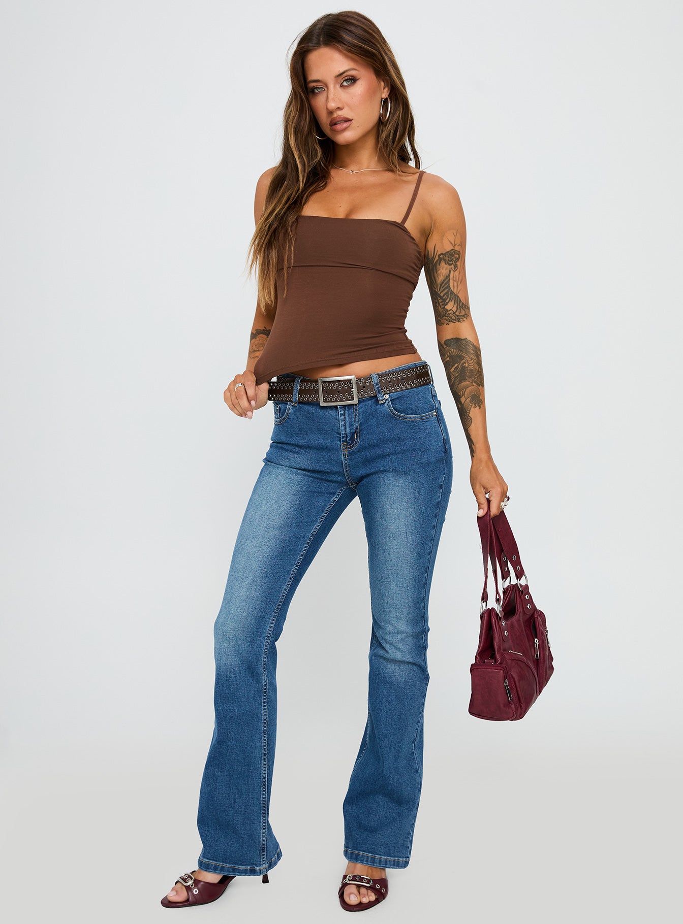 front view of model wearing Princess Polly Race My Mind Top Chocolate Sleeveless Square Neck 