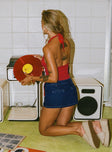 back view of model wearing Princess Polly Rhode Mini Skort Blue Denim Low Rise Shorts 