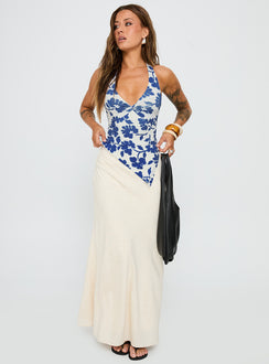 front view of model wearing Princess Polly Chilli Halter Top Blue Floral Sleeveless Plunger 