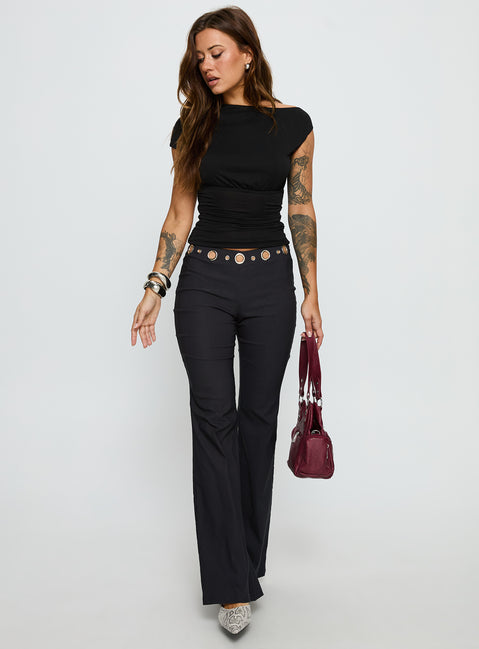 back view of model wearing Princess Polly True Grit Eyelet Flare Pants Grey Mid Rise Pants 