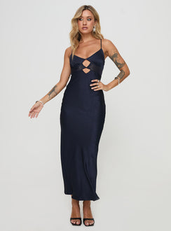 front view of model wearing Princess Polly Leroux Maxi Dress Navy Sweetheart Neckline 