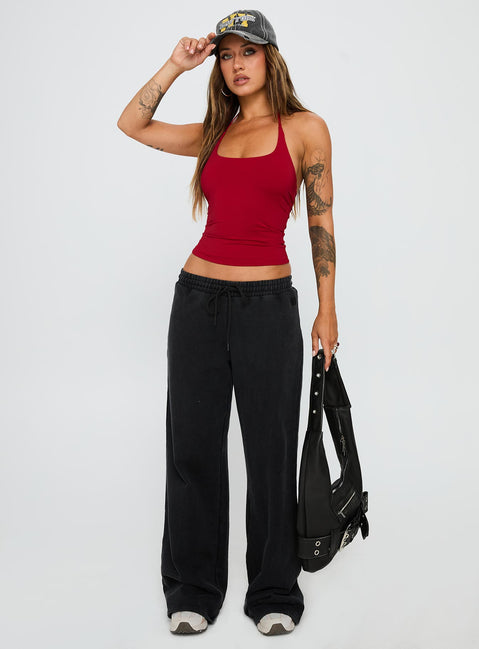 front view of model wearing Princess Polly Ezekiel Nylon Top Red Sleeveless Scoop Neck 