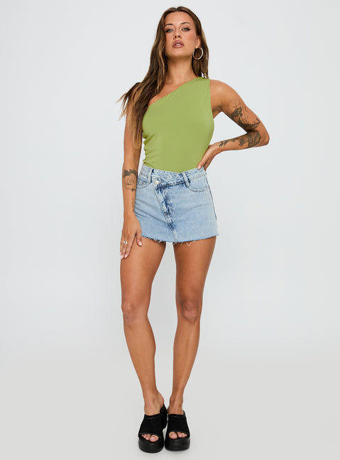 front view of model wearing Princess Polly Ferrera One Shoulder Bodysuit Green Sleeveless 