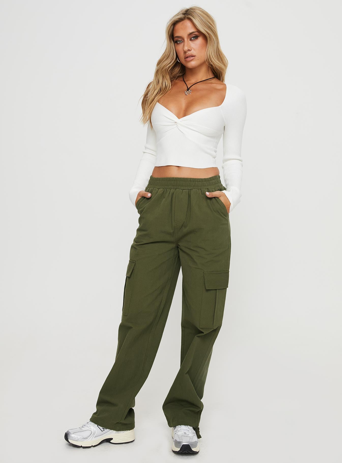 front view of model wearing Princess Polly Sessions Cargo Pants Olive Mid Rise 