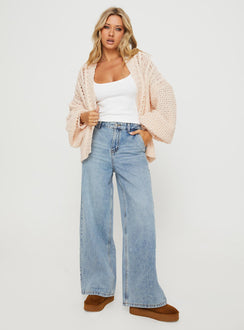 front view of model wearing Princess Polly Abner Cable Cardigan Beige Long 