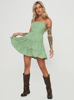 front view of model wearing Princess Polly Summer Break Mini Dress Sage Square Neck 