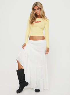 front view of model wearing Princess Polly Je M'en Fous Long Sleeve Top Cream Full Sleeves Crew Neck 