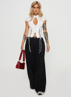 front view of model wearing Princess Polly Valkyrie Top White Short Sleeves High Neck 