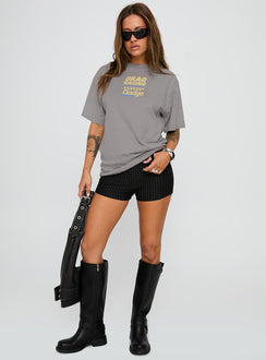 front view of model wearing Princess Polly Dodge Racer Oversized Graphic Tee Grey Half Sleeves Crew Neck 