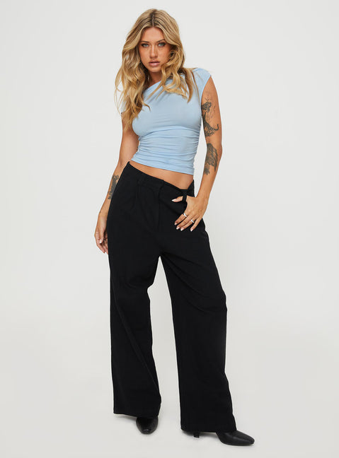 side view of model wearing Princess Polly Beller Top Blue Sleeveless Asymmetric Neckline 