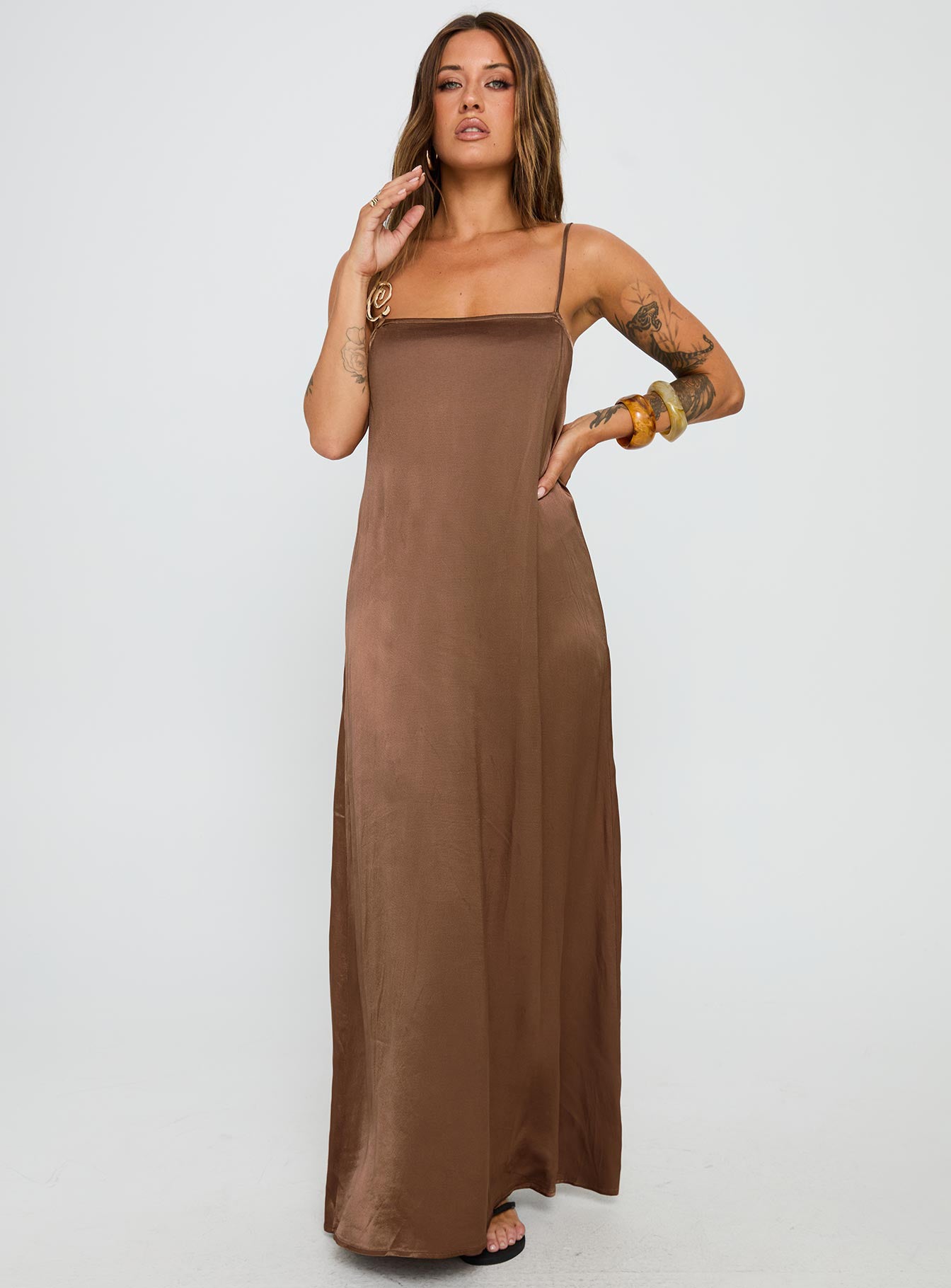 front view of model wearing Princess Polly Apple Cider Maxi Dress Brown Square Neck 