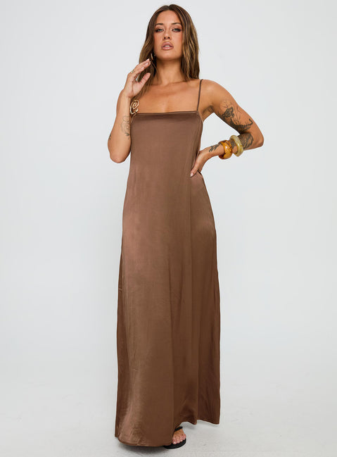 front view of model wearing Princess Polly Apple Cider Maxi Dress Brown Square Neck 