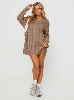front view of model wearing Princess Polly Verno Cable Knit Sweater Dress Oatmeal V-Neck 