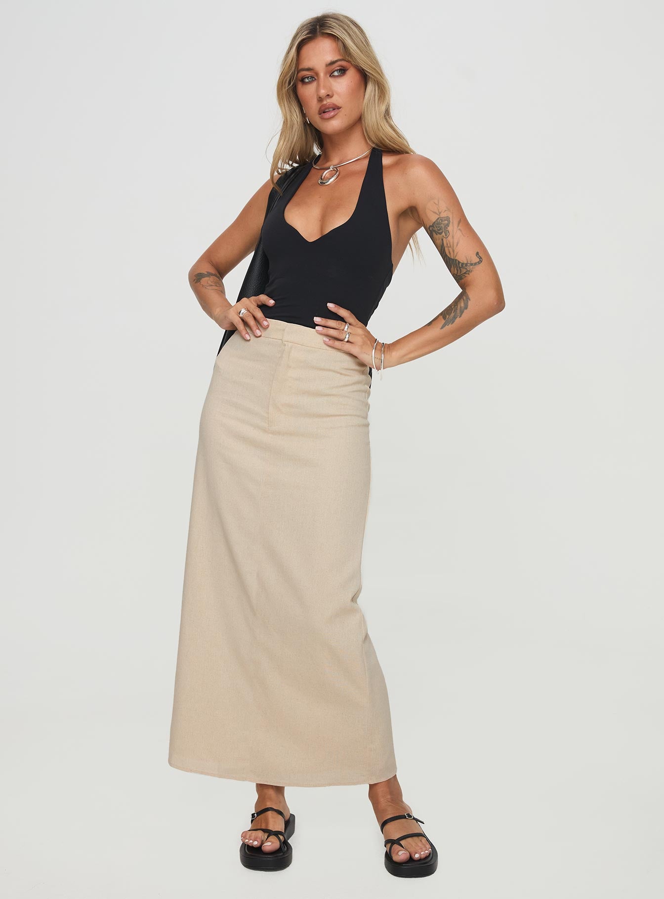   front view of model wearing Princess Polly Romeria Maxi Skirt Beige Maxi 