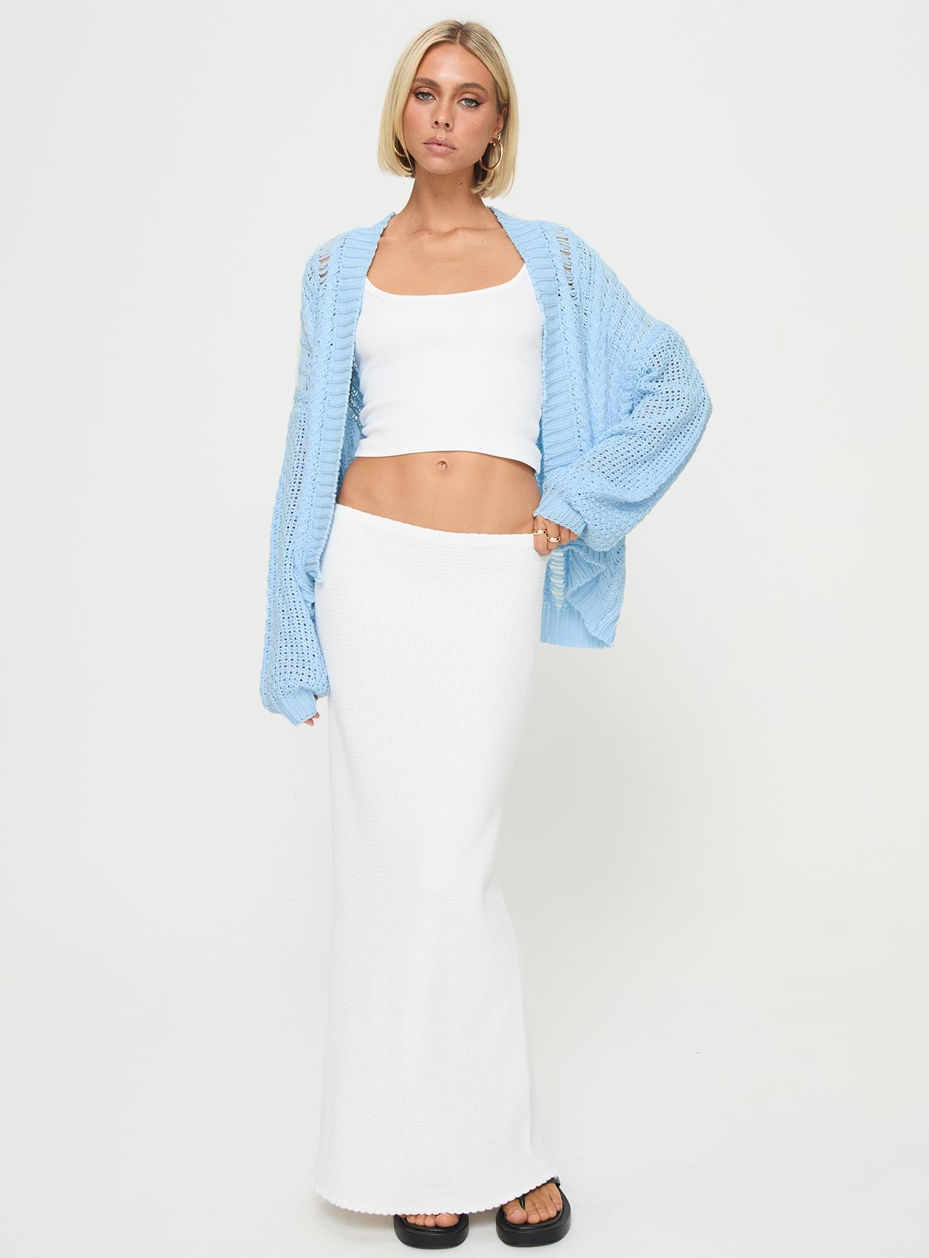 front view of model wearing Princess Polly Abner Cable Cardigan Blue regular 