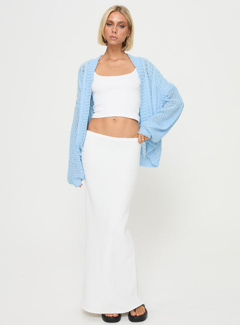 front view of model wearing Princess Polly Abner Cable Cardigan Blue regular 