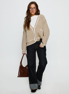 front view of model wearing Princess Polly Cressara Contrast Knit Cardigan Beige / White Cropped Jumpers 