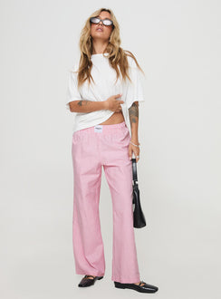 front view of model wearing Princess Polly Beach House Pants Pink/White High Waisted Pants 