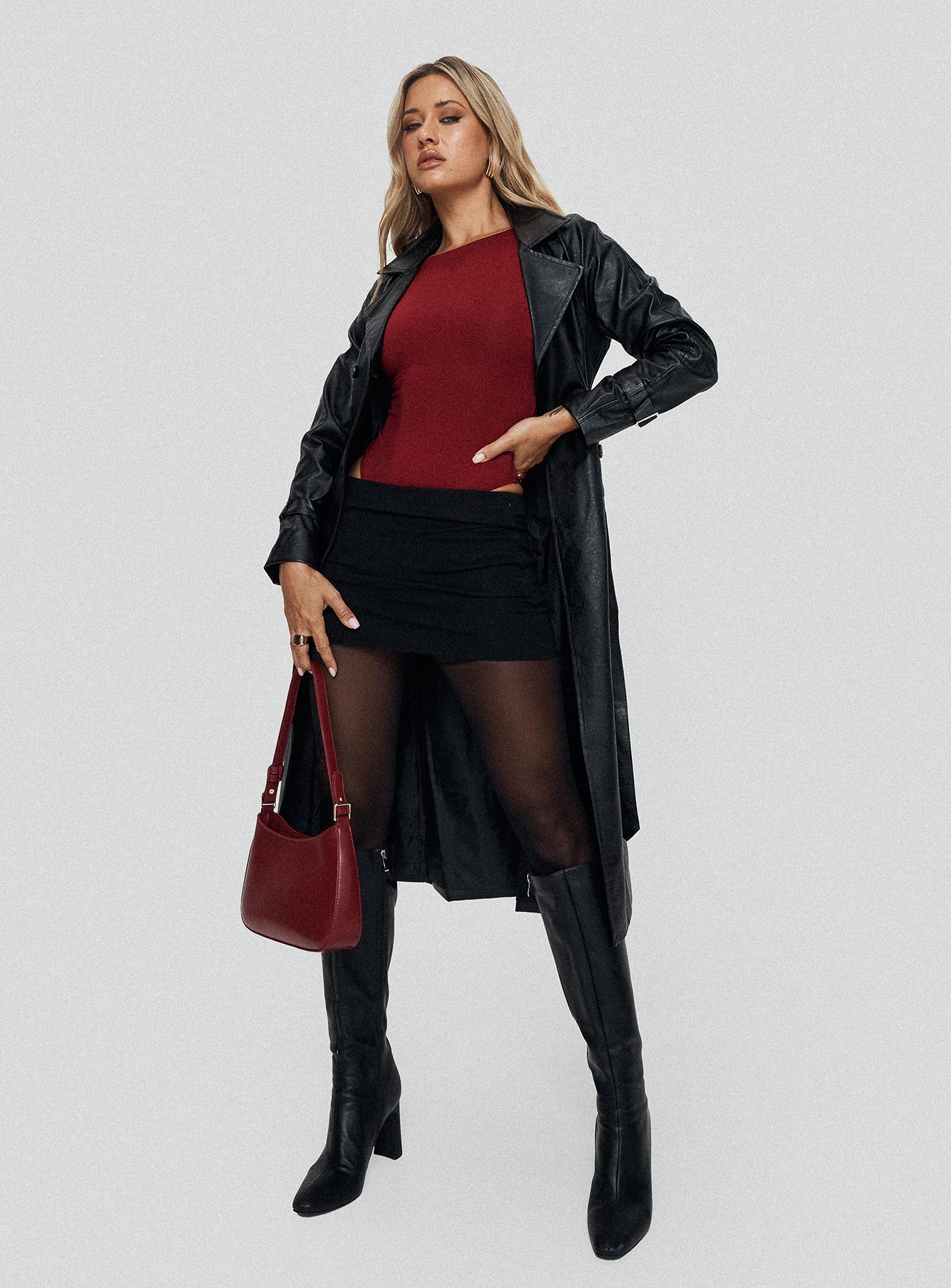 side view of model wearing Princess Polly Beresford Bodysuit Wine Sleeveless 