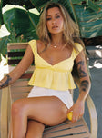 back view of model wearing Princess Polly Contardo Short Sleeve Top Yellow Short Sleeves Plunger 