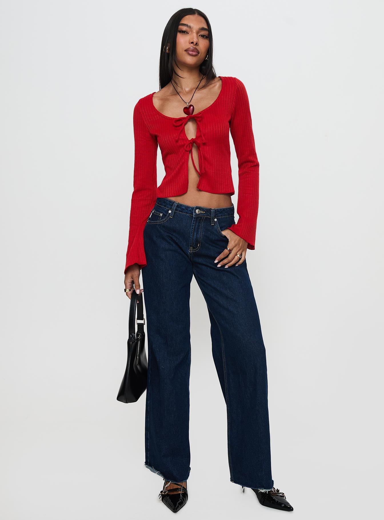 front view of model wearing Princess Polly Rowynne Long Sleeve Tie Up Top Red Full Sleeves Scoop Neck 