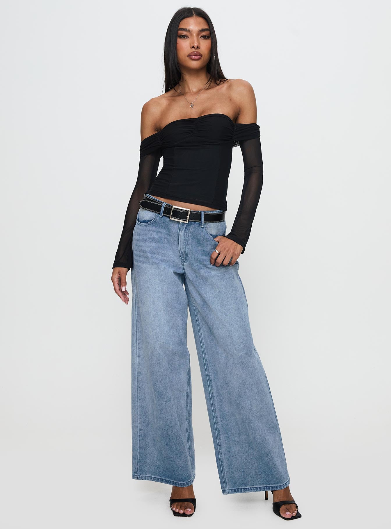 front view of model wearing Princess Polly Saelan Off Shoulder Long Sleeve Top Black Full Sleeves Sweetheart 