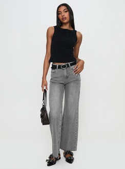 front view of model wearing Princess Polly Henesey Raw Hem Jeans Washed Grey High Waisted 