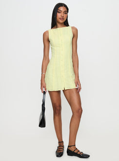 front view of model wearing Princess Polly Mimsie Embroidered Mini Dress Lemon Boat Neck 