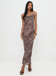 front view of model wearing Princess Polly Paolina Maxi Dress Leopard Cowl Neck 