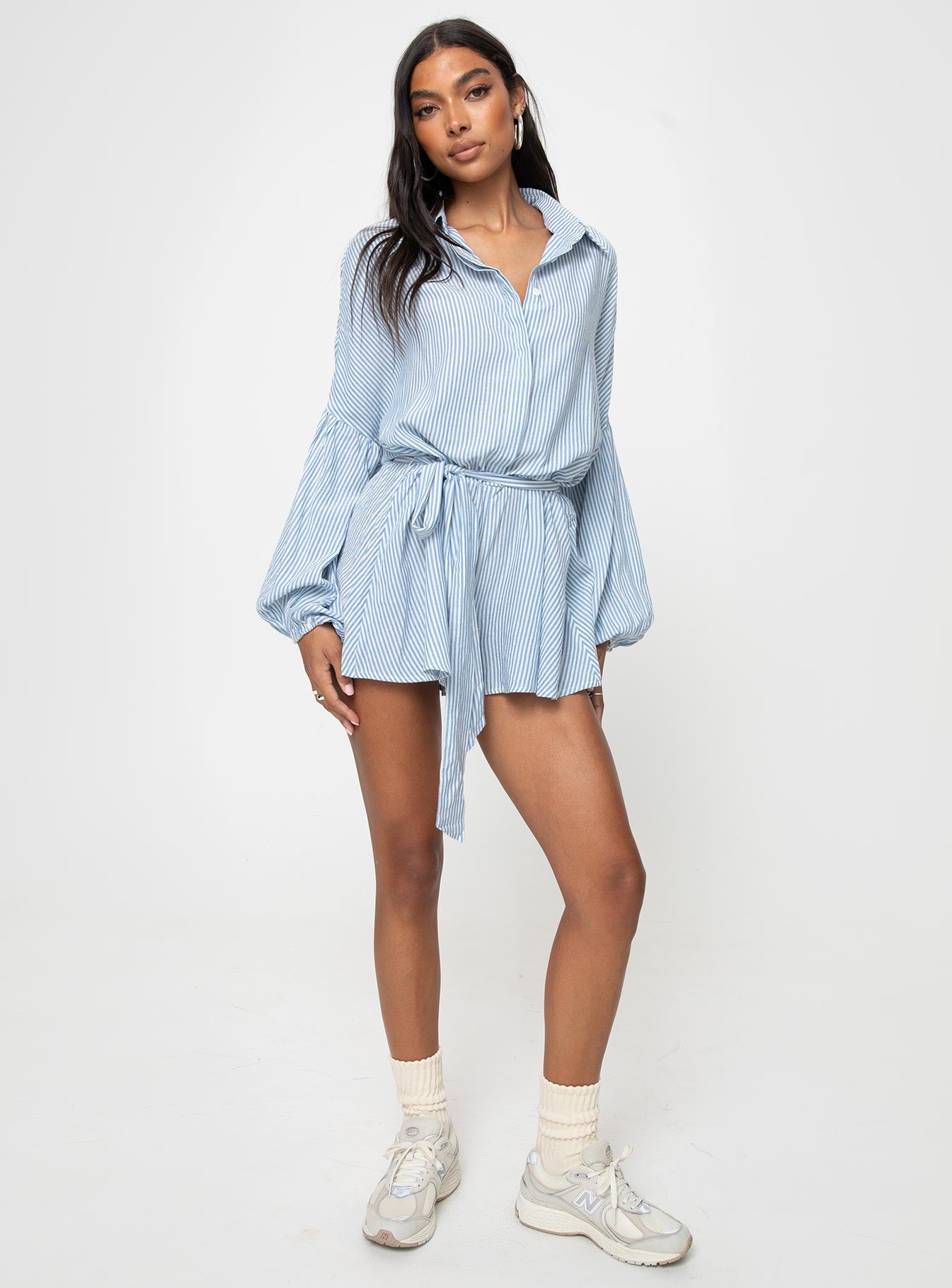 Light blue and white striped clearance romper