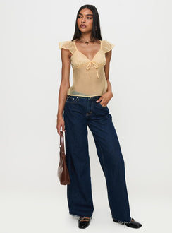 front view of model wearing Princess Polly Keysia Cap Sleeve Sheer Top Apricot Short Sleeves Plunger 