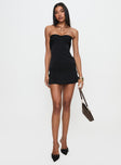 front view of model wearing Princess Polly Irena Strapless Mini Dress Black Sweetheart Neckline 