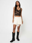 Sheer lace top Fixed shoulder straps,v-neckline, frill hem, twin tie at back