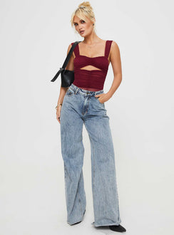 side view of model wearing Princess Polly Kalmia Bodysuit Burgundy Sleeveless Sweetheart 