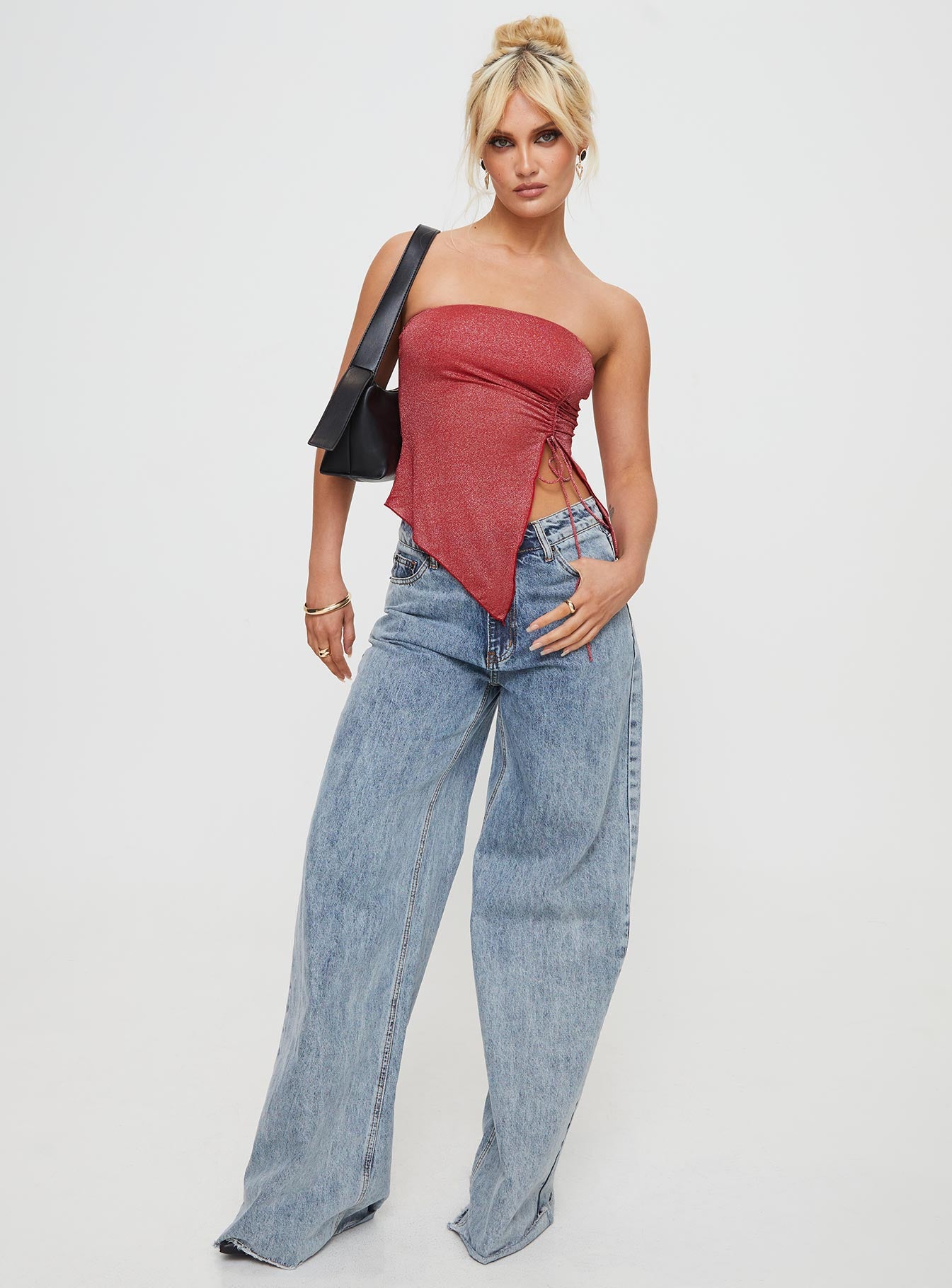 product Princess Polly Sleeveless Asymmetric Neckline  Dessy Strapless Top Red Glitter