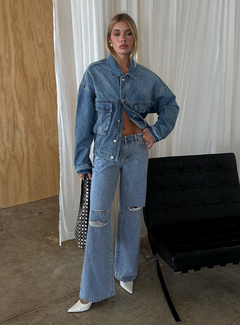 front view of model wearing Princess Polly Kadison Low Rise Straight Leg Jeans Mid Wash Blue Low Rise Jeans 